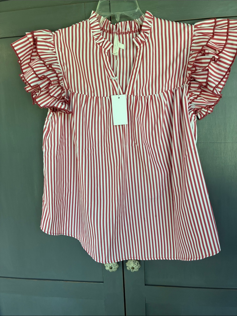 Striped Red & White Ruffle Sleeve Blouse small will fit medium